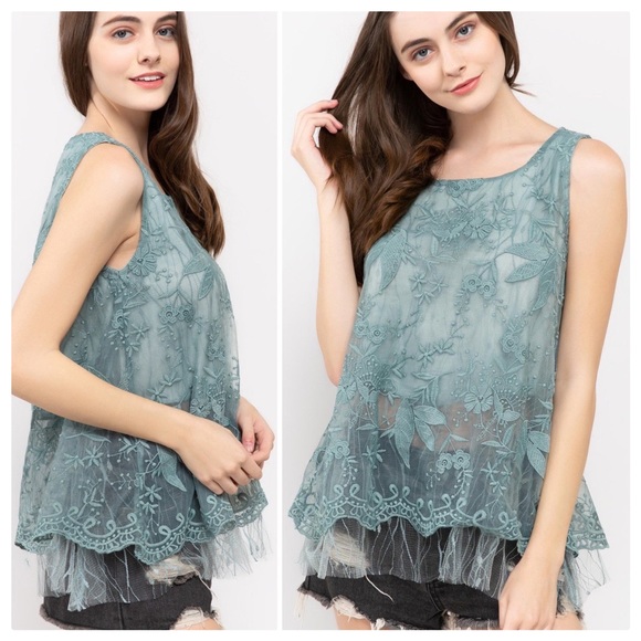 POL Tops - Tiffany Blue Sage Tulle Tunic